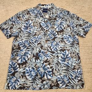 Tommy Bahama 100% Silk Mens Large Hawaiian Camp Button Shirt Blue Palm Floral